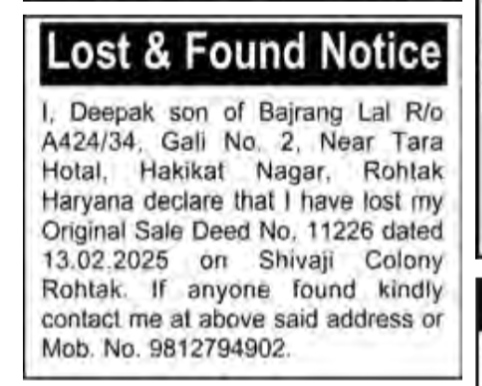 Public Notice for Lost Sale Deed