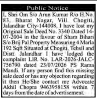 Public Notice for Lost Sale Deed