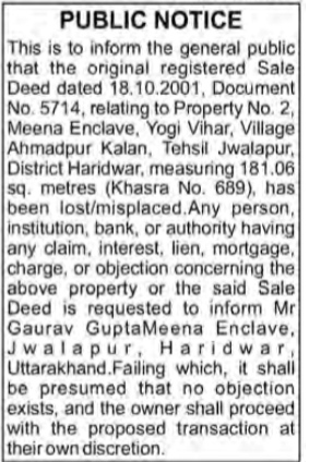 Public Notice for Lost Sale Deed.
