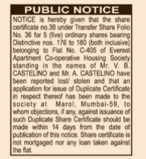 Public Notice for Lost Share Certificate and Issuance of Duplicate