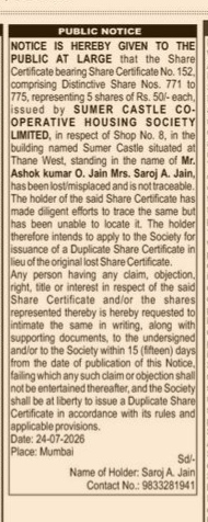 Public Notice for Lost Share Certificate