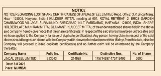 Public Notice for Lost Share Certificate