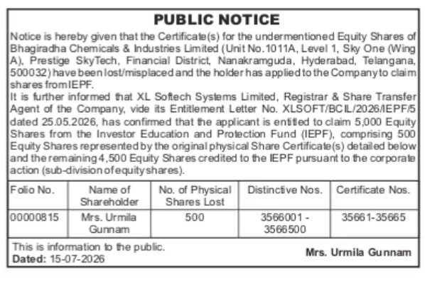 Public Notice for Lost Share Certificates of Bhagiradha Chemicals & Industries Limited