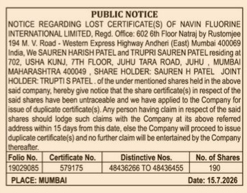 Public Notice for Lost Share Certificates