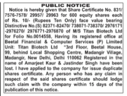 Public Notice for Lost Share Certificates.