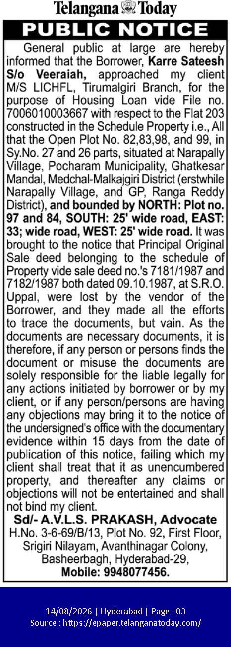Public Notice for Lost Title Deeds and Housing Loan Application