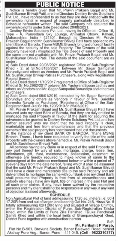 Public Notice for Lost Title Deeds