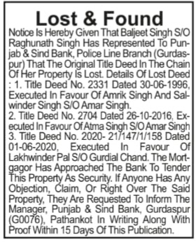 Public Notice for Lost Title Deeds