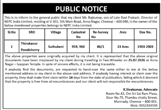 Public Notice for Misplaced Property Documents