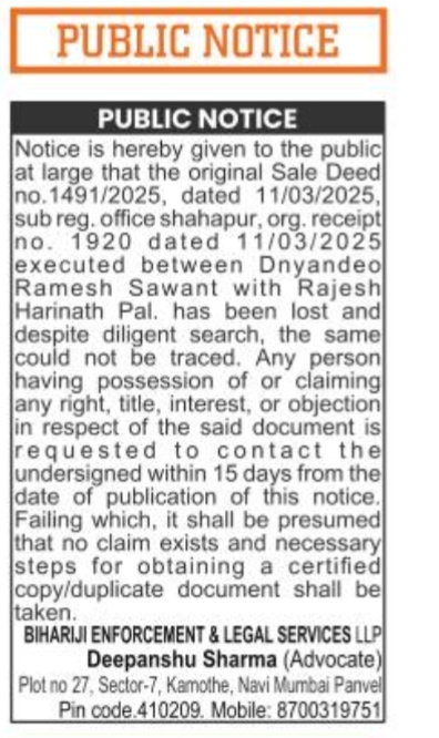Public Notice for Missing Original Sale Deed
