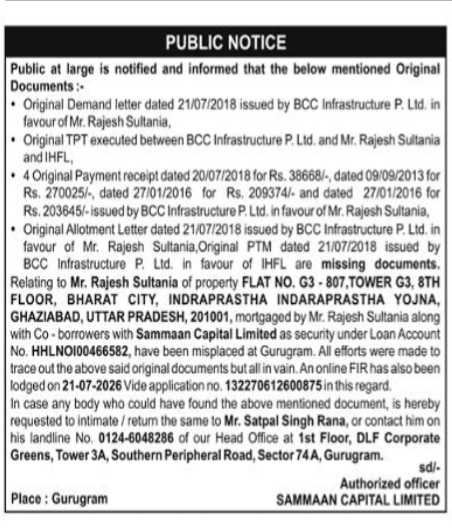Public Notice for Missing Property Documents – Bharat City, Ghaziabad