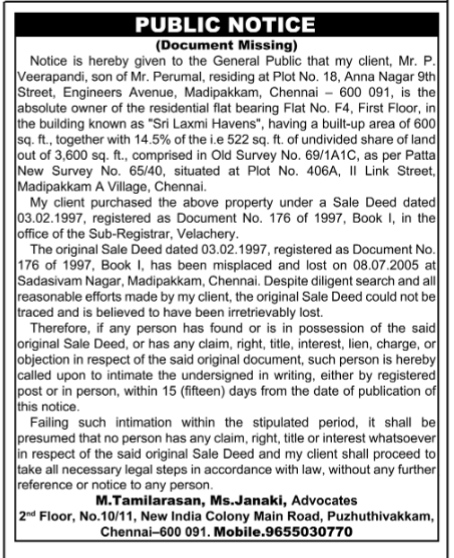 Public Notice for Missing Sale Deed