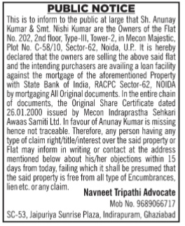 Public Notice for Missing Share Certificate and Property Sale