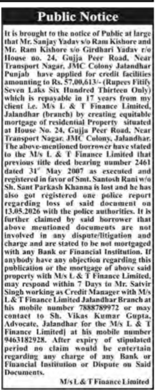 Public Notice for Mortgage of Property and Loss of Title Deed