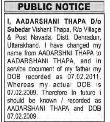 Public Notice for Name and Date of Birth (DOB) Correction- ADARSHINI THAPA