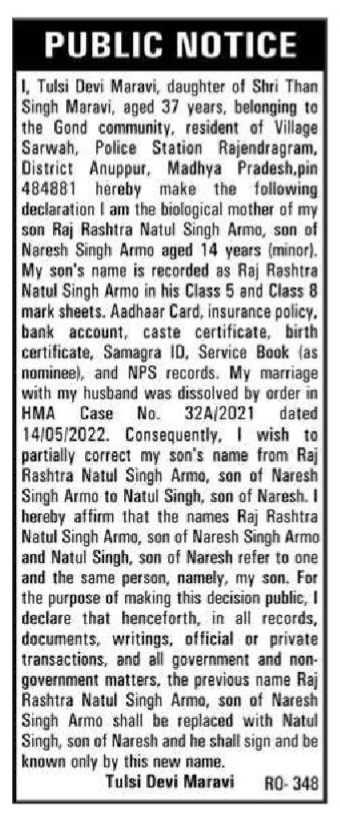 Public Notice for Name Change of Minor Son