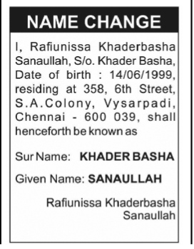 Public Notice for Name Change.- Sana Ullah khader badha