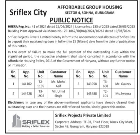 Public Notice for Outstanding Dues - Sriflex City