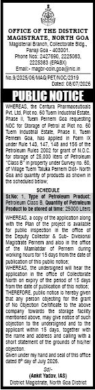 Public Notice for Petroleum Storage NOC by Centura Pharmaceuticals Pvt. Ltd