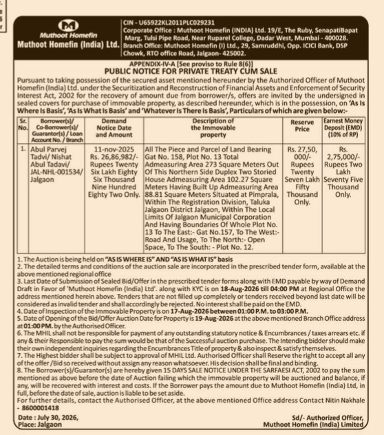 Public Notice for Private Treaty Cum Sale by Muthoot Homefin (India) Ltd.