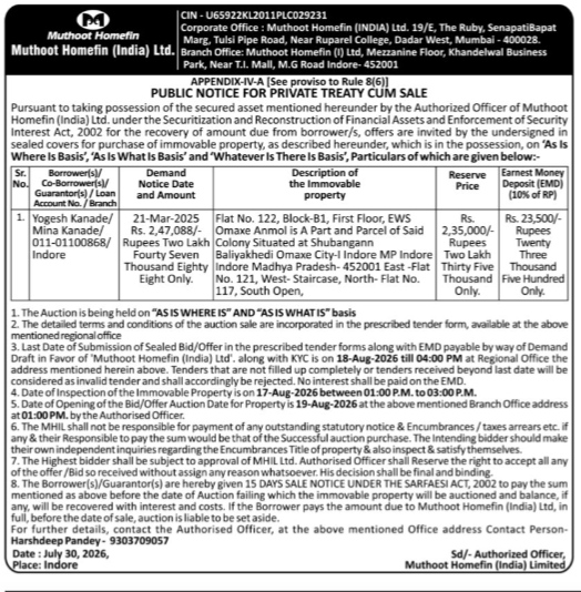 Public Notice for Private Treaty Cum Sale