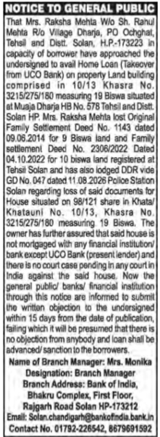 Public Notice for Property Loan Takeover