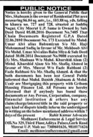 Public Notice for Property Mortgage and Lost Chain Documents