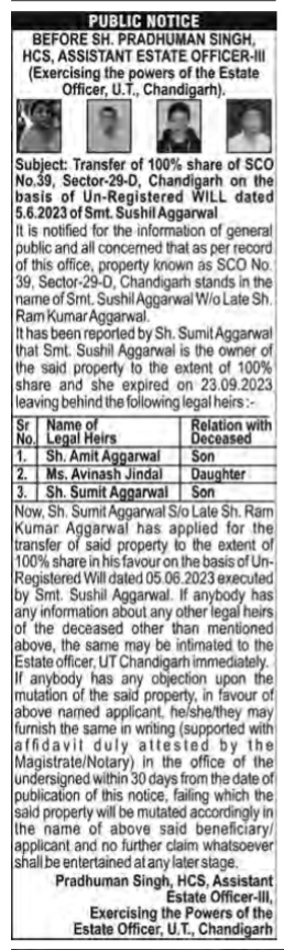 Public Notice for Property Mutation based on Unregistered Will