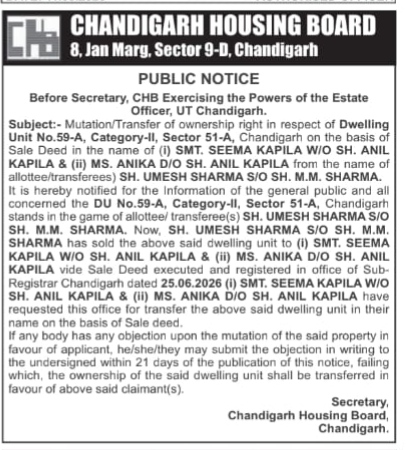 Public Notice for Property Mutation – Chandigarh Housing Board (Dwelling Unit No. 59-A, Sector 51-A)