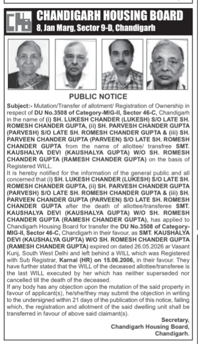 Public Notice for Property Mutation - Chandigarh Housing Board