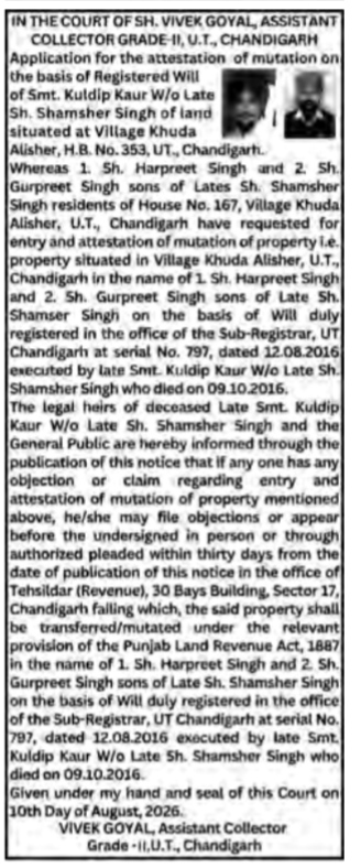 Public Notice for Property Mutation (Chandigarh)