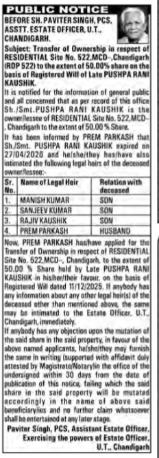 Public Notice for Property Mutation - Site No. 522, MCD, Chandigarh