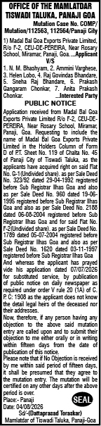 Public Notice for Property Mutation - Tiswadi Taluka, Panaji Goa