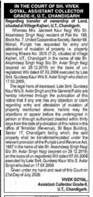 Public Notice for Property Mutation (Village Kajheri, Chandigarh)