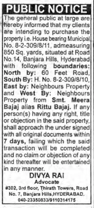 Public Notice for Property Purchase - Banjara Hills, Hyderabad