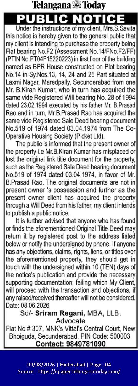 Public Notice for Property Purchase (Flat F2, BPR House, Secunderabad)