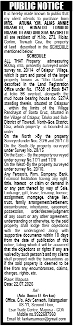 Public Notice for Property Purchase in Calapur, Goa