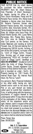 Public Notice for Property Purchase in Corlim, Goa