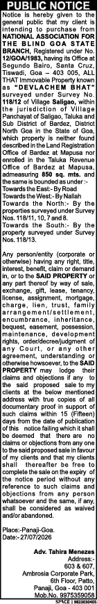 Public Notice for Property Purchase in Goa