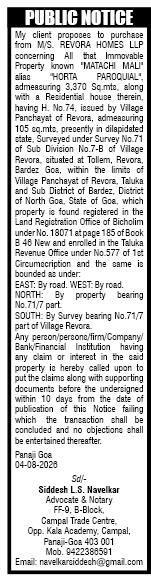 Public Notice for Property Purchase in Revora, Goa