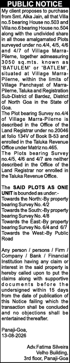 Public Notice for Property Purchase – Marra-Pilerne, Goa