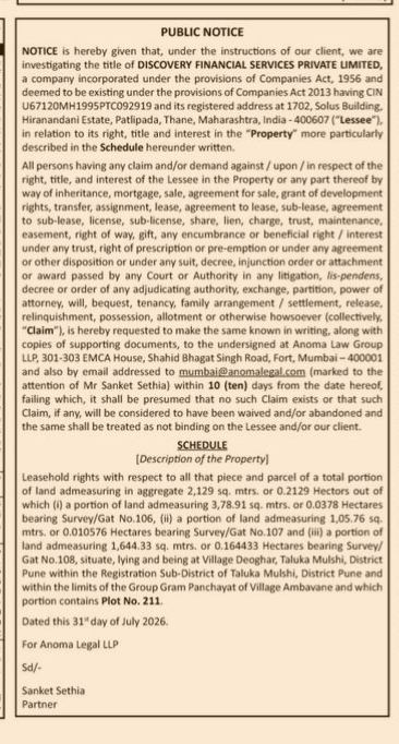 Public Notice for Property Title Investigation of Discovery Financial Services Private Limited