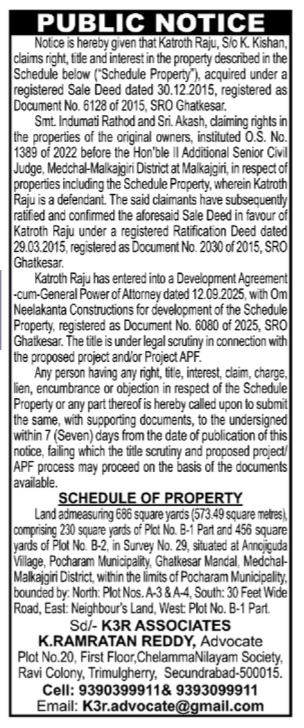 Public Notice for Property Title Scrutiny – K3R Associates
