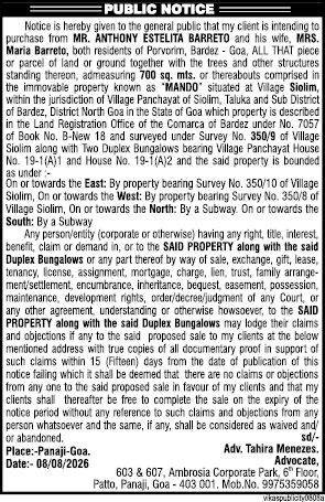 Public Notice for Proposed Property Purchase in Siolim, Goa