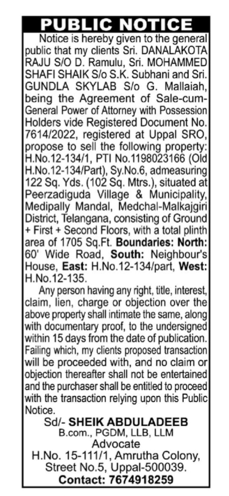 Public Notice for Proposed Property Sale at Peerzadiguda, Telangan