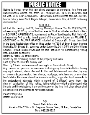 Public Notice for Proposed Purchase of Flat in Bocarro Apartments, Calapur, Goa