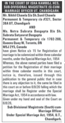 Public Notice for Registration of Marriage under Special Marriage Act, 1954