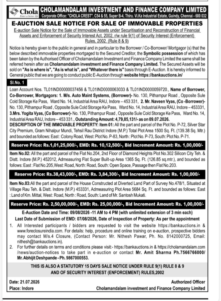 Public Notice for Sale of Immovable Properties – Indore