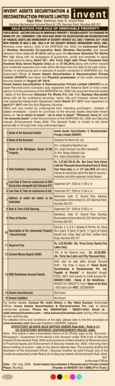 Public Notice for Sale of Immovable Property by Invent Assets Securitisation & Reconstruction Private Limited