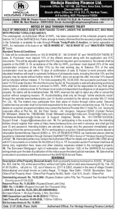 Public Notice for Sale of Immovable Property via Private Treaty / E-Auction (Hinduja Housing Finance Ltd.)